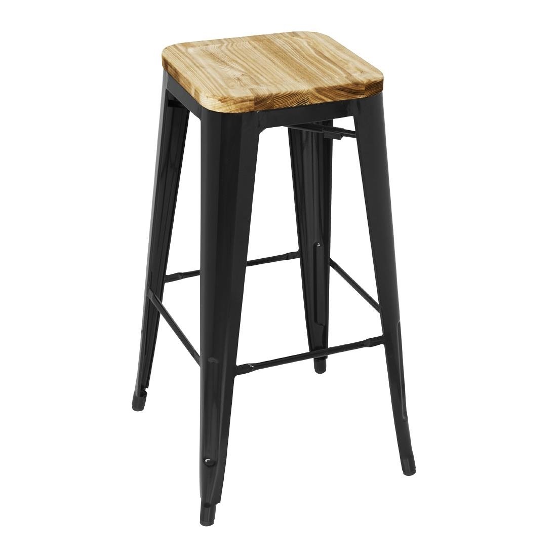 Black Steel Bar Stool with Wooden Top